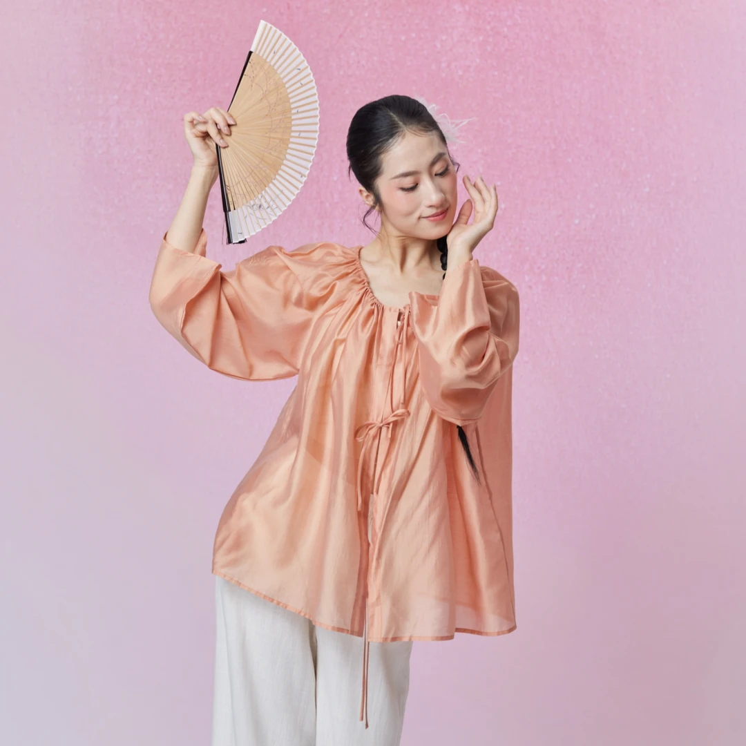 初衣织梦天丝系列落霞风晚天丝系带上衣古典舞服练功服飘逸宽松