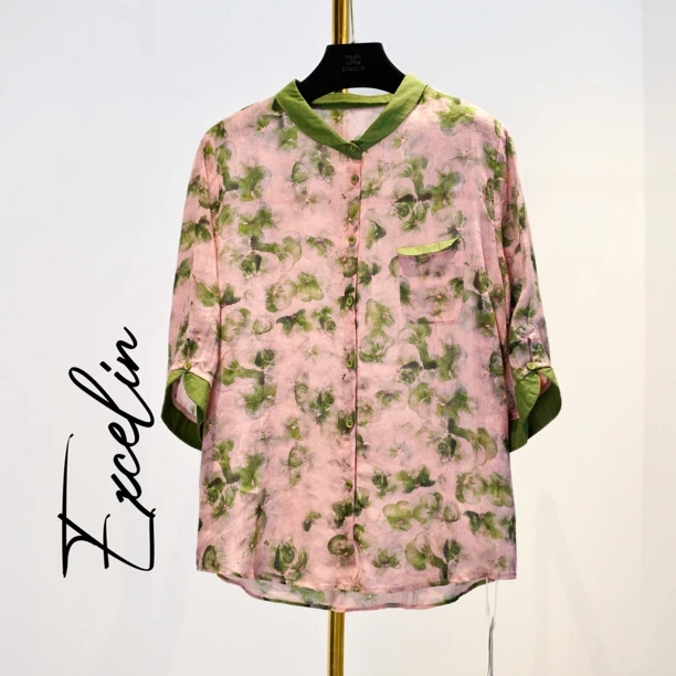 【粉绿飘花小立领中袖衬衣】夏新款洋气穿搭女出行T恤高档苎麻显瘦