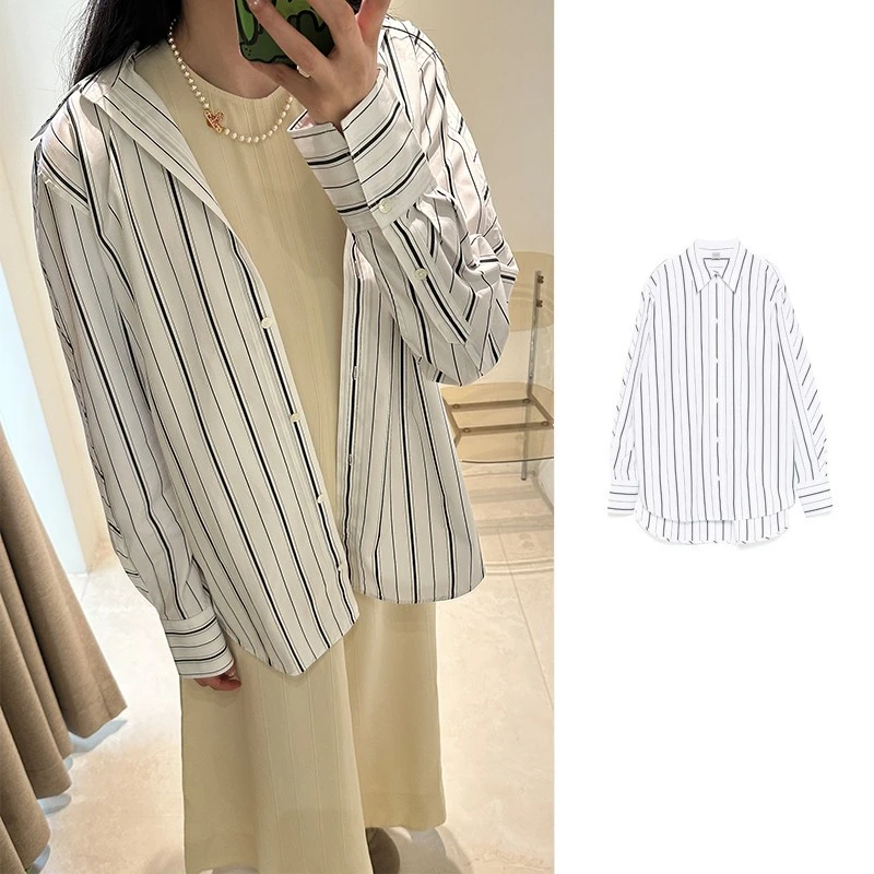 未使用 Totême  灰色竖条纹宽松版衬衫 251-WRT2522-FB0338-200