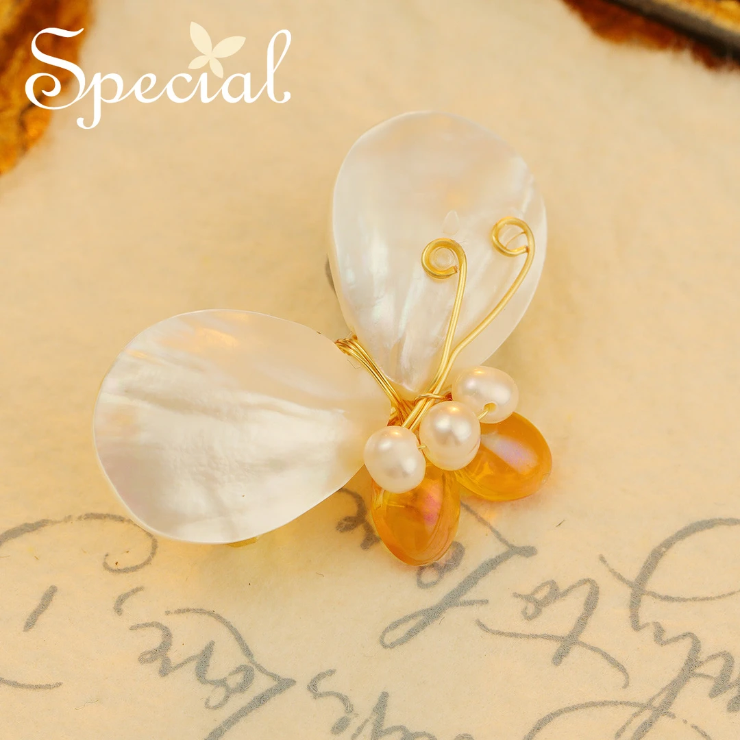 special  淡水珍珠贝壳防走光气质蝴蝶别针胸针胸花女 晚风栀子蝶