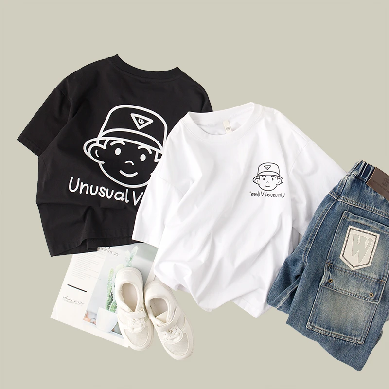 吴小越w569男童韩版短袖T恤2025款上衣儿童夏季数码印花亲子款