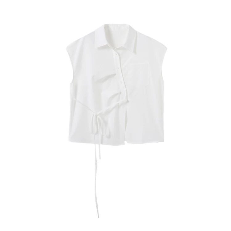 西町村屋简约斜襟设计衬衣女夏季新款文艺百搭短袖衬衫XHAB10307