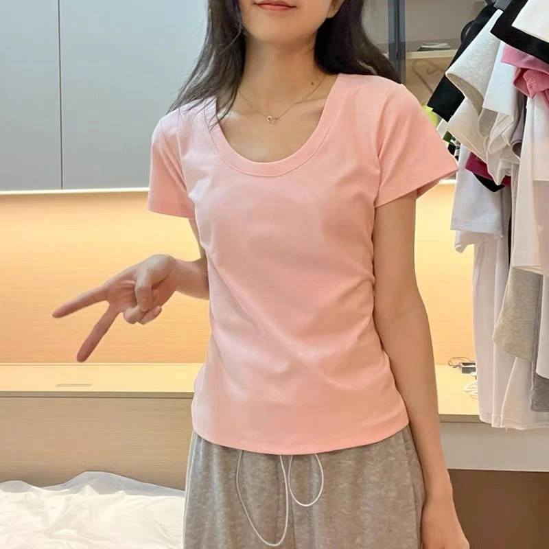 粉色短袖t恤女夏露锁骨上衣u领修身棉质正肩棉质辣妹体恤衫
