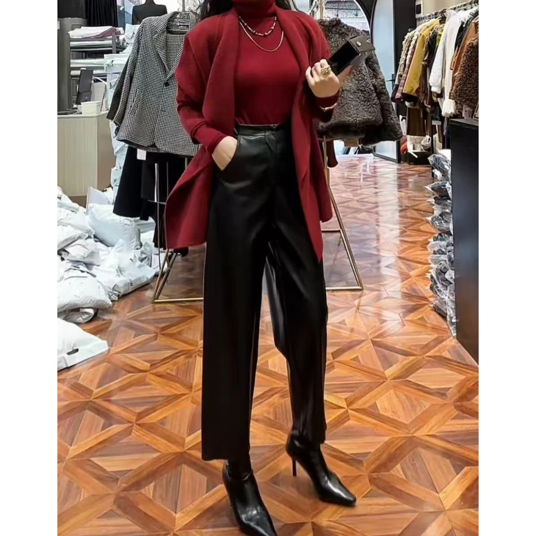 【 Wan wan】斜口袋九分皮裤