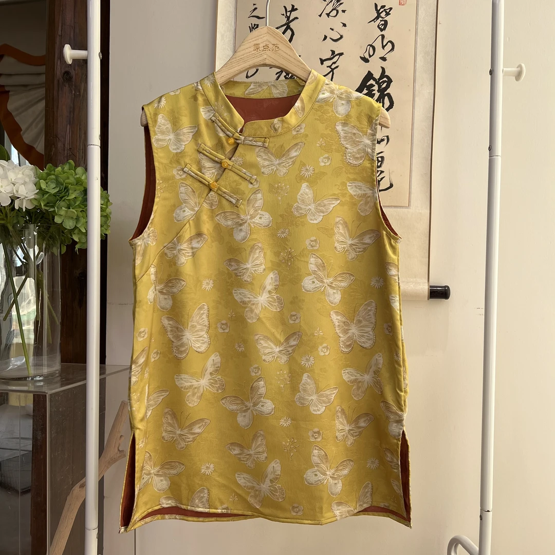 圆领蝴蝶无袖水洗夏季见详情衬衫黄色上衣新中式百搭117