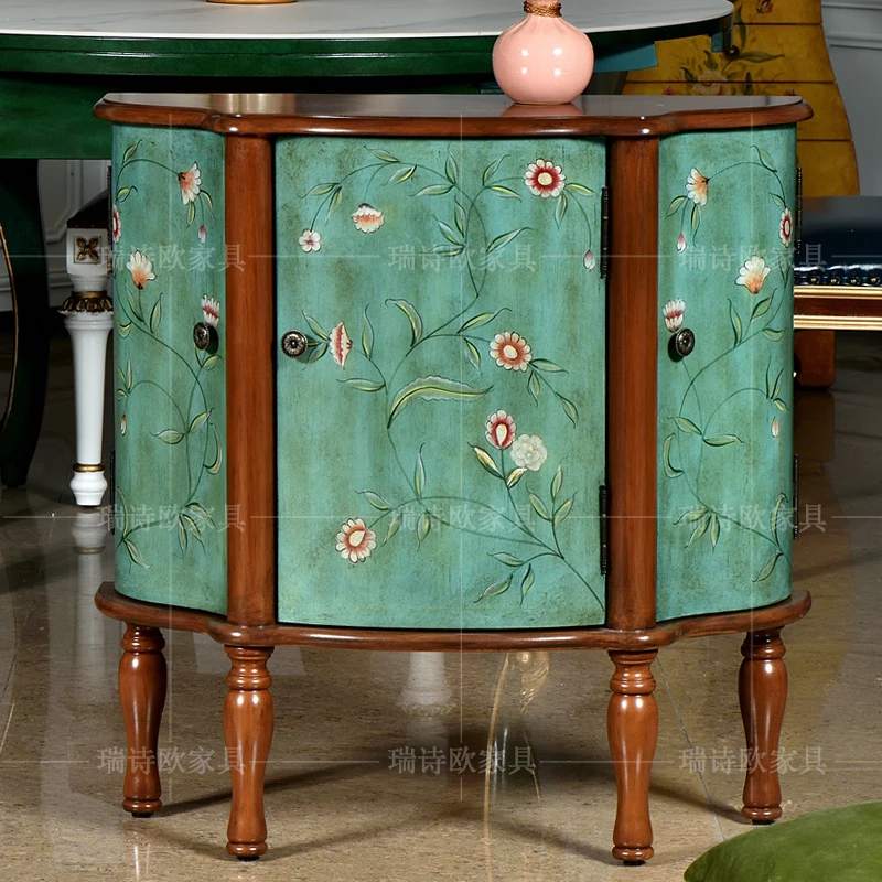 美式彩绘半圆玄关柜复古工艺收纳柜客厅欧式田园风格储物柜子