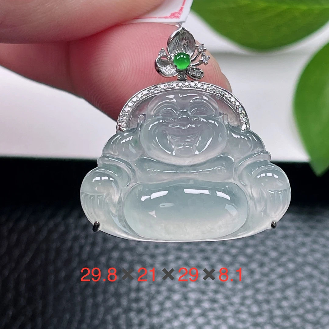 天然缅甸翡翠A货～冰种白月光大肚佛公吊坠冰润18k白冰玉佛挂件71