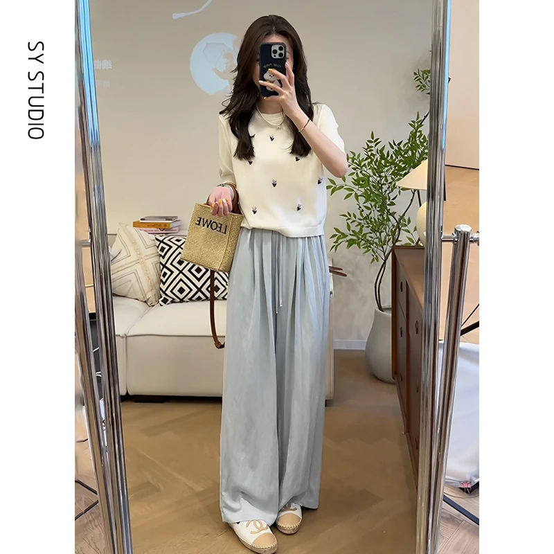 2025超火夏装套装独特设计感超好看短袖针织衫女阔腿休闲裤两件套