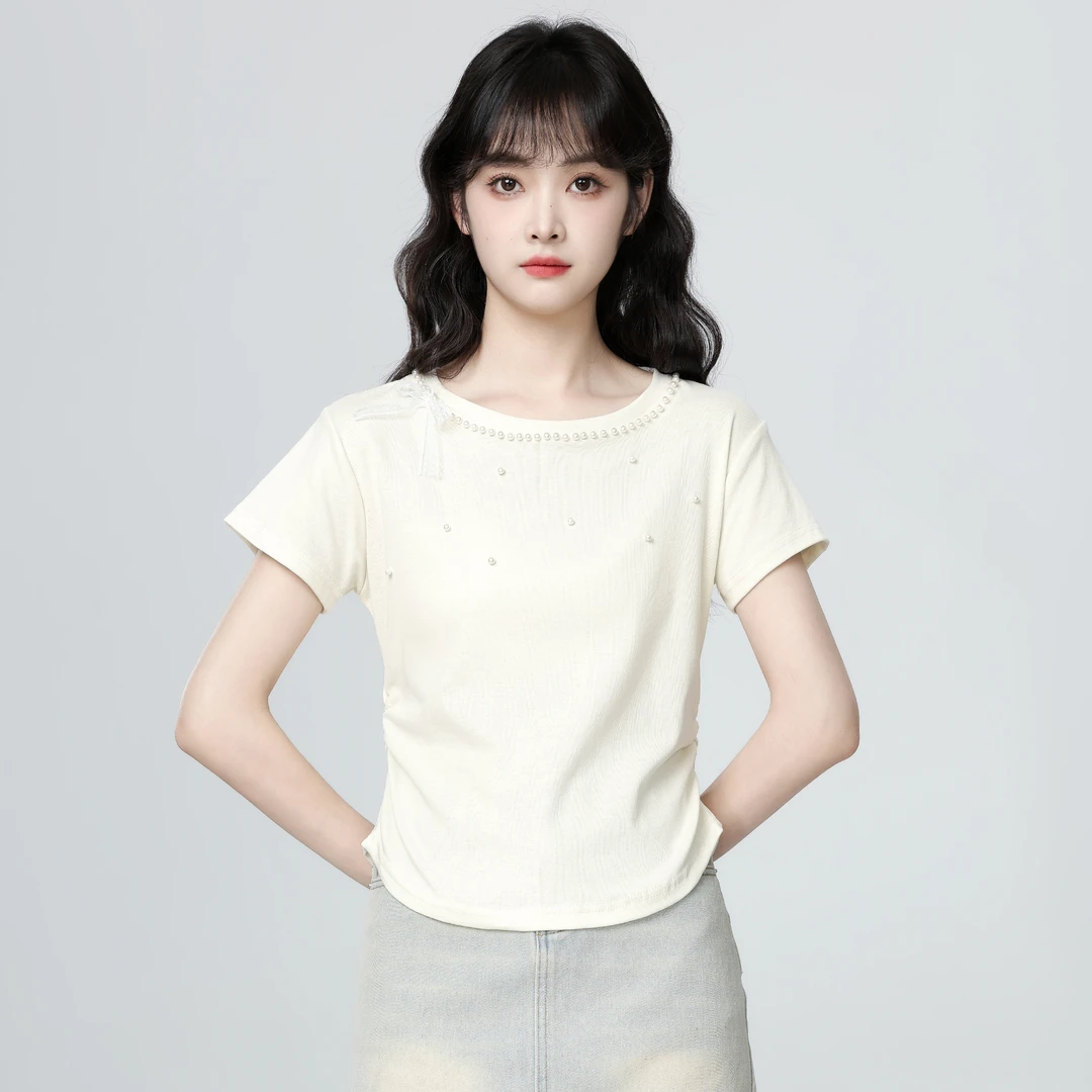 杏色圆领短袖T恤女夏2025夏季新款钉珠蕾丝蝴蝶结体恤收腰短上衣