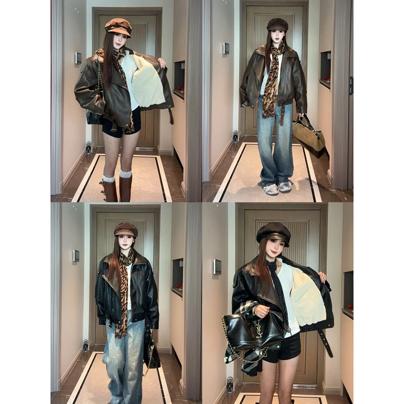 复古港风双层领高级感皮衣外套女冬季新款休闲机车服夹克加绒加厚