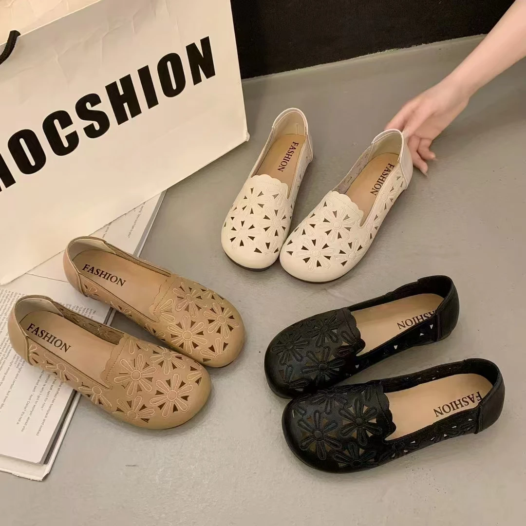 春夏镂空防滑包头中老年透气复古单鞋软底豆豆鞋夏季舒适平底