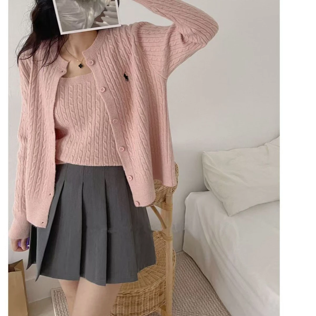 韩版针织开衫两件套刺绣套装女外慵懒麻花毛衣外套秋季新款上衣