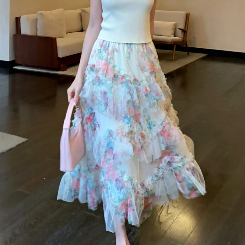 印花网纱裙不规则飘逸纱裙大摆蓬蓬长裙