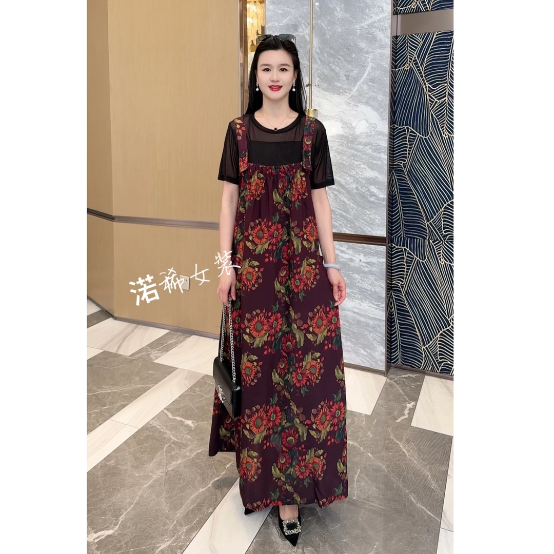 2025夏季新款宽松洋气印花背带裙