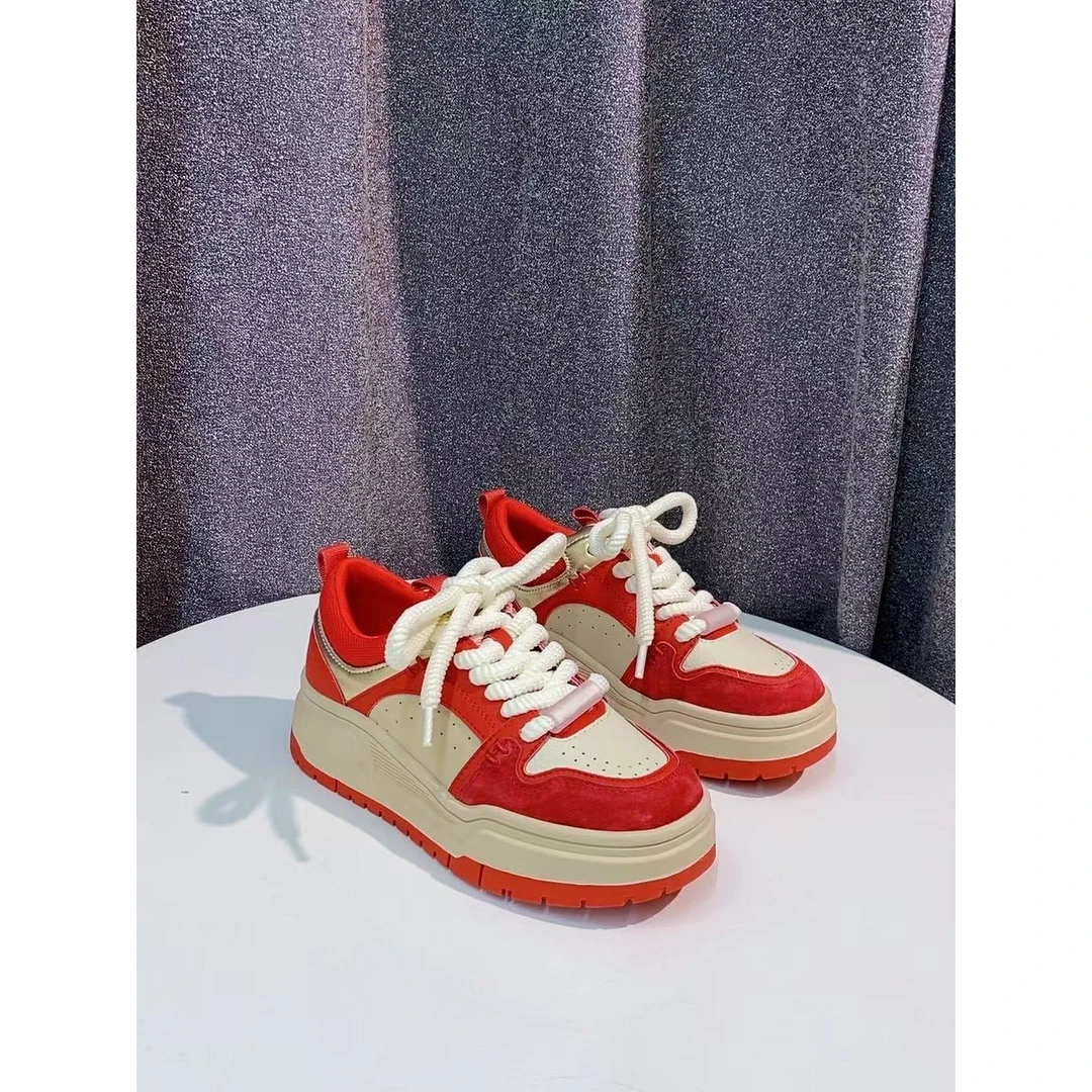 C2685  红色  春夏时尚厚底圆头系带女休闲板鞋