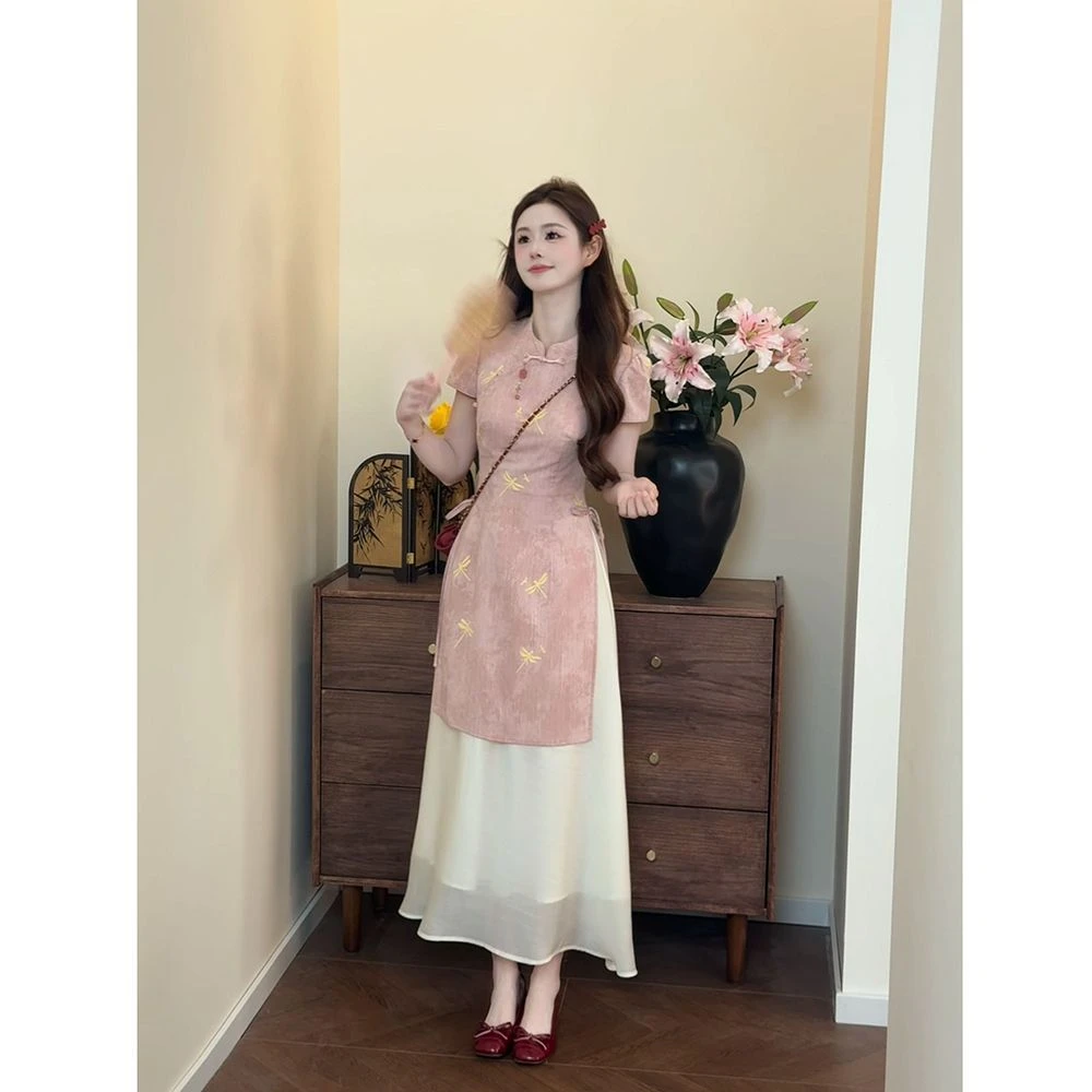 【9926】好看的夏装新中式女装国风粉色盘扣假两件旗袍连衣裙子女夏