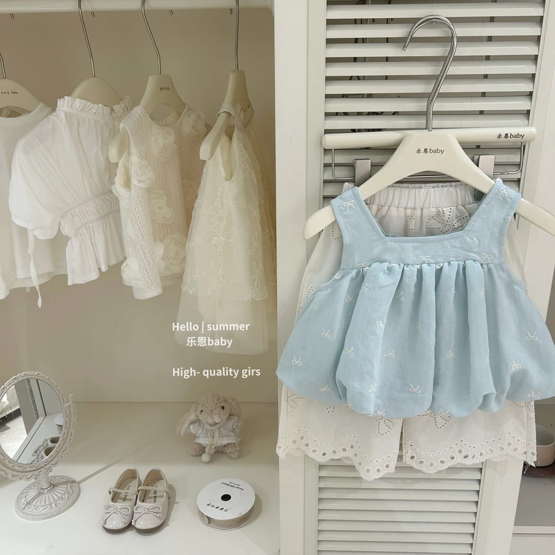 【乐恩baby】女童夏季浅绿花苞上衣米色蝴蝶结裤时髦洋气可爱两件套