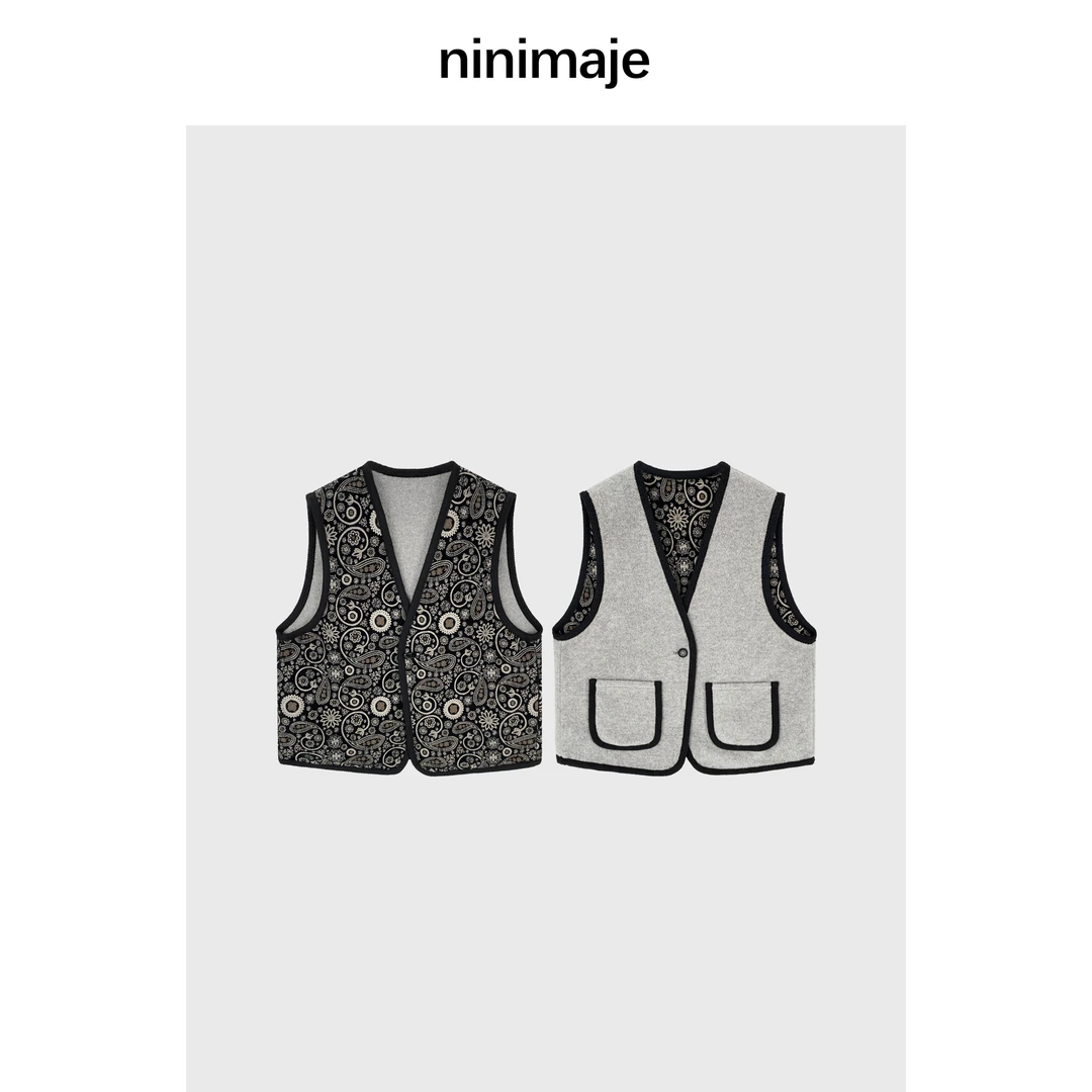 NanBeiBei  小众设计款柔软一粒扣复古花纹撞色马甲 7470