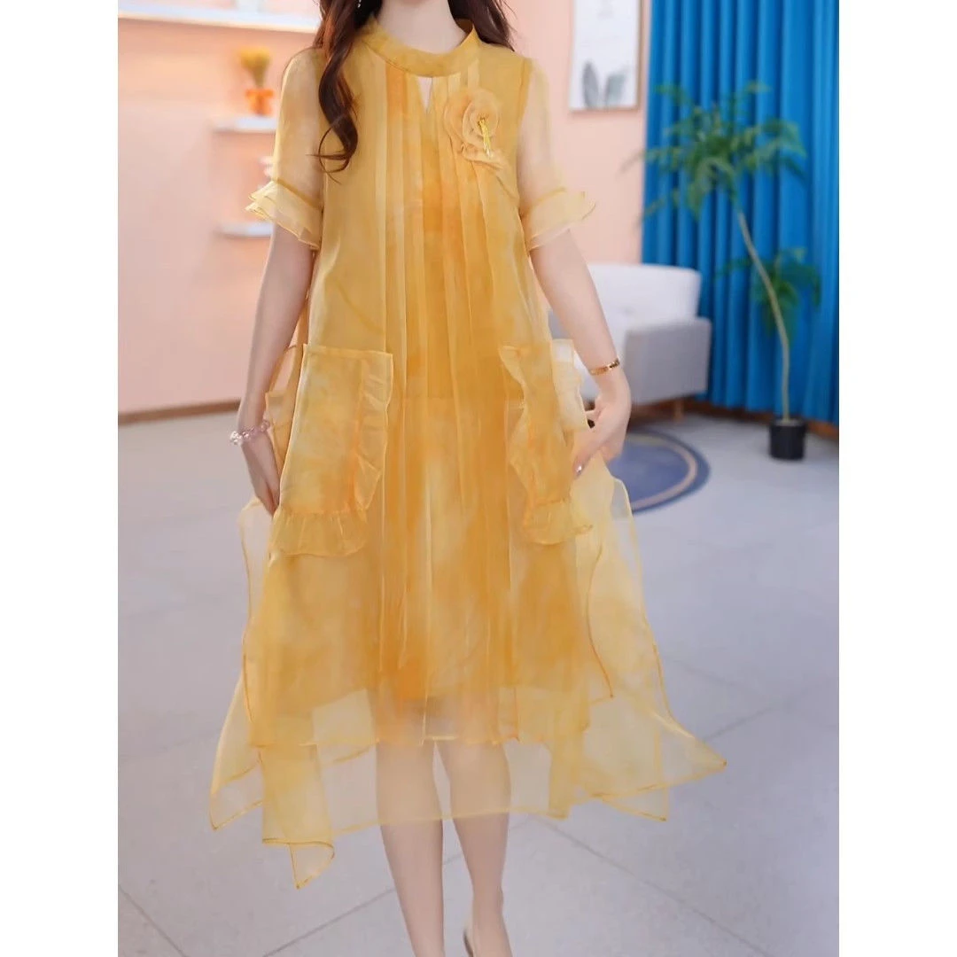 高级名媛裙子新款洋气2025夏季气质显瘦宽松连衣裙遮肉中长