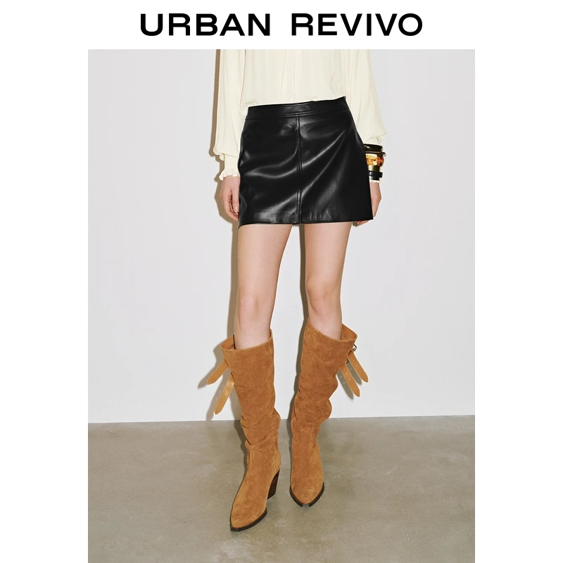 【明星同款】UR2025秋季新款女装PU高腰A字半裙UWG550097