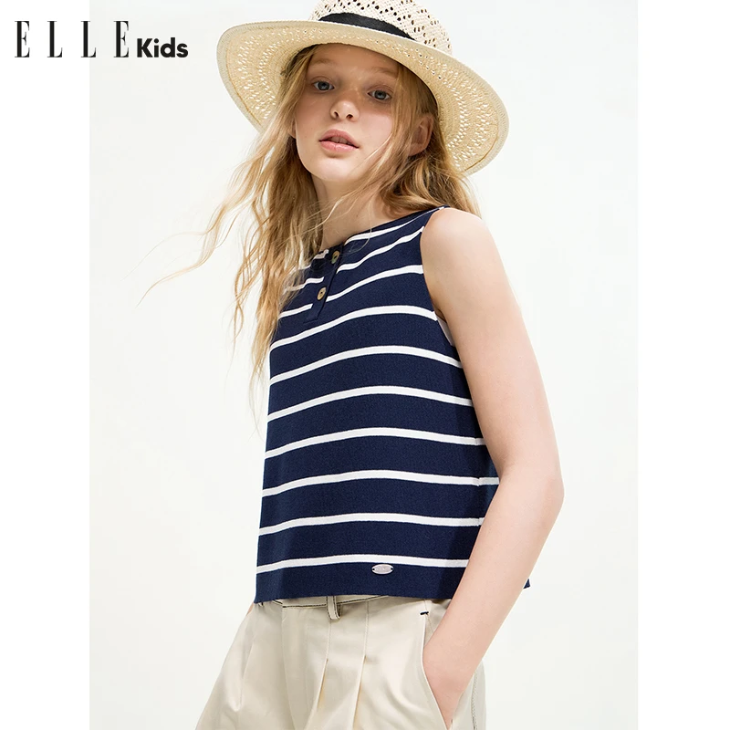 ELLE KIDS童装 法式经典度假松弛感一字领开门襟手缝贝壳扣背心X1