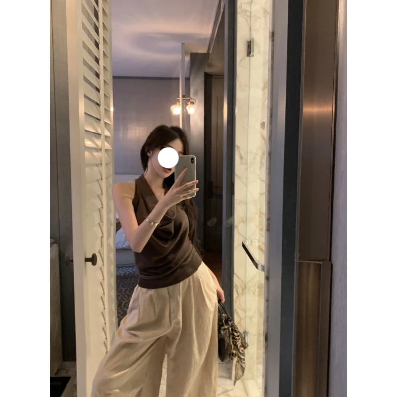 2025春夏季新款辣妹风气质感荡领挂脖扭绳设计吊带高级感显瘦上衣