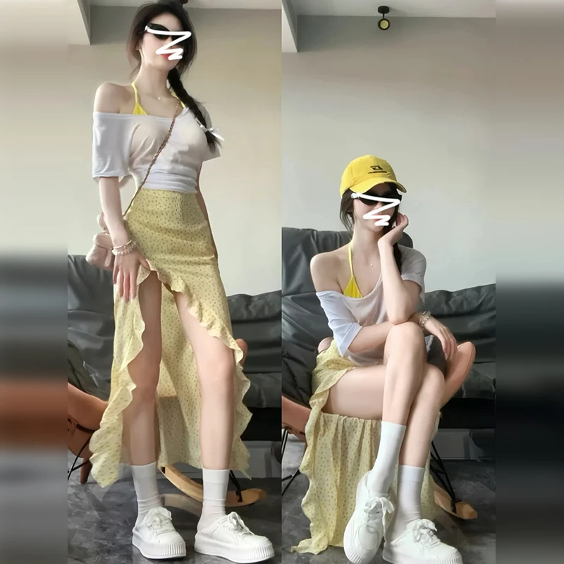 3411黄色不规则荷叶边半身裙女夏季新款小众复古a字碎花裙上衣套