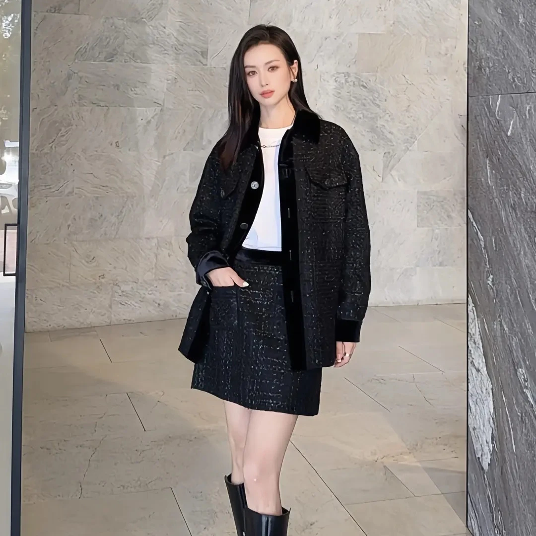 AMASS/阿玛施新款早秋丝绒拼接时尚质感精致百搭小香外套5400894