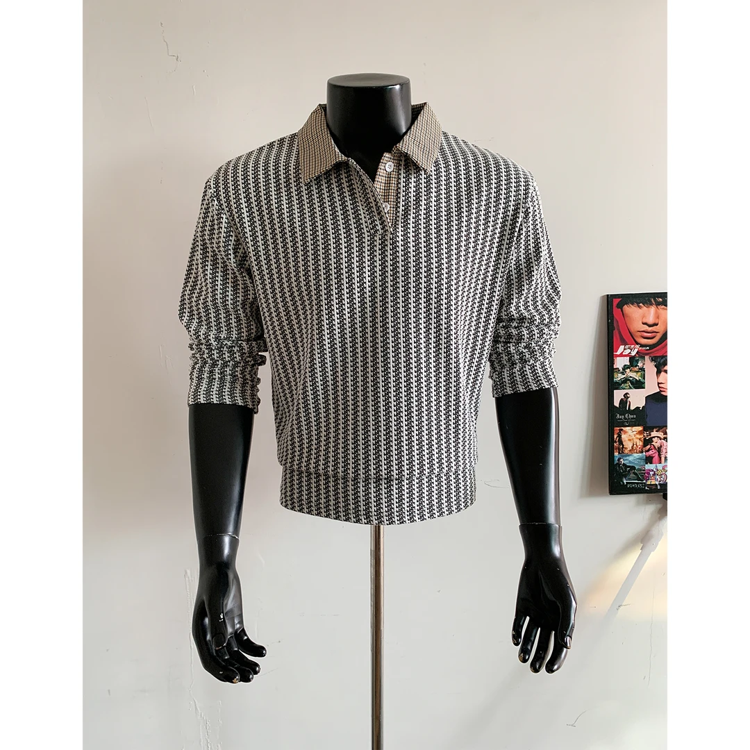 美式重磅鱼骨纹卫衣男款秋季小香风千鸟格翻领长袖t恤针织polo衫