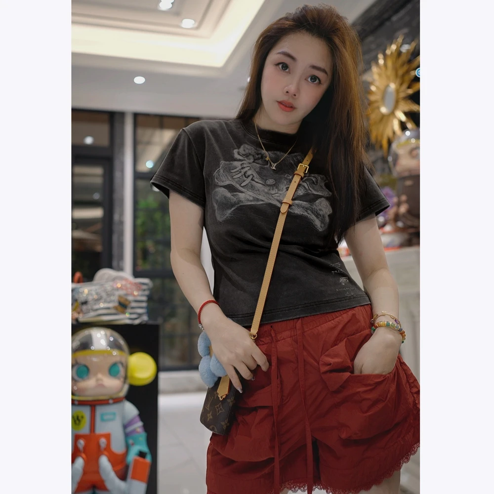 【W1079骨朵K猫】短袖t恤女打底半袖休闲夏季2024款重工爆款