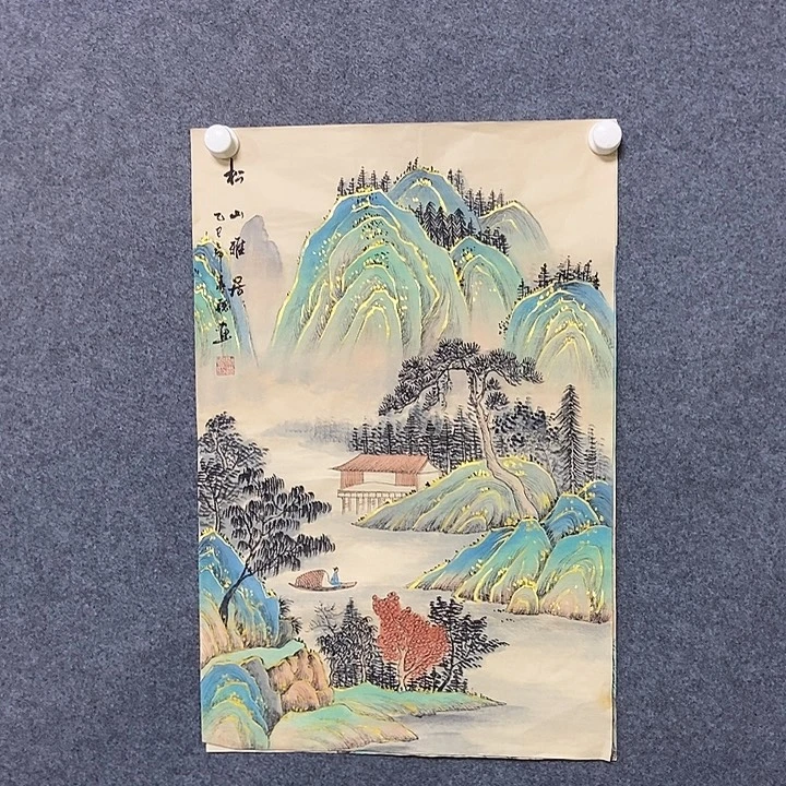 国画四尺三开山水一副