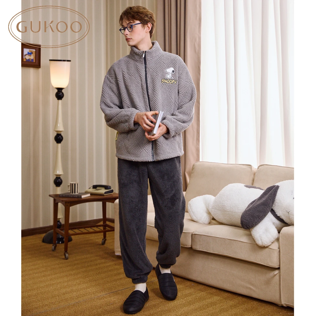 【Gukoo果壳】男士睡衣冬季保暖加绒加厚休闲立领史努比家居服套装