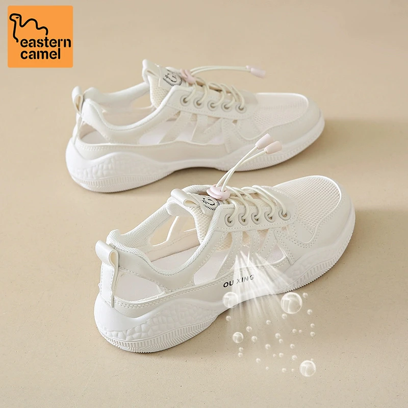 东方骆驼踩屎感镂空运动鞋女2025新款夏季透气单网小白鞋包头凉鞋