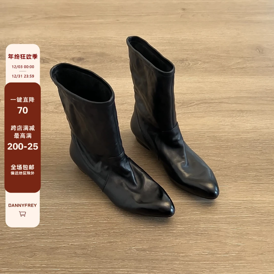 Dannyfrey秋冬新款韩版气质尖头矮跟切尔西靴复古真皮宽筒靴矮筒