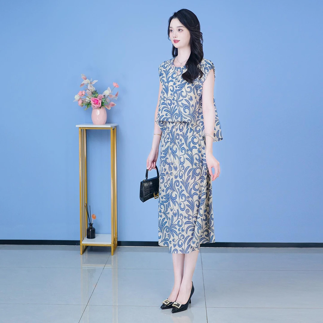 时尚气质印花法式套装2025夏季新款端庄大气洋气减龄半身裙两件套