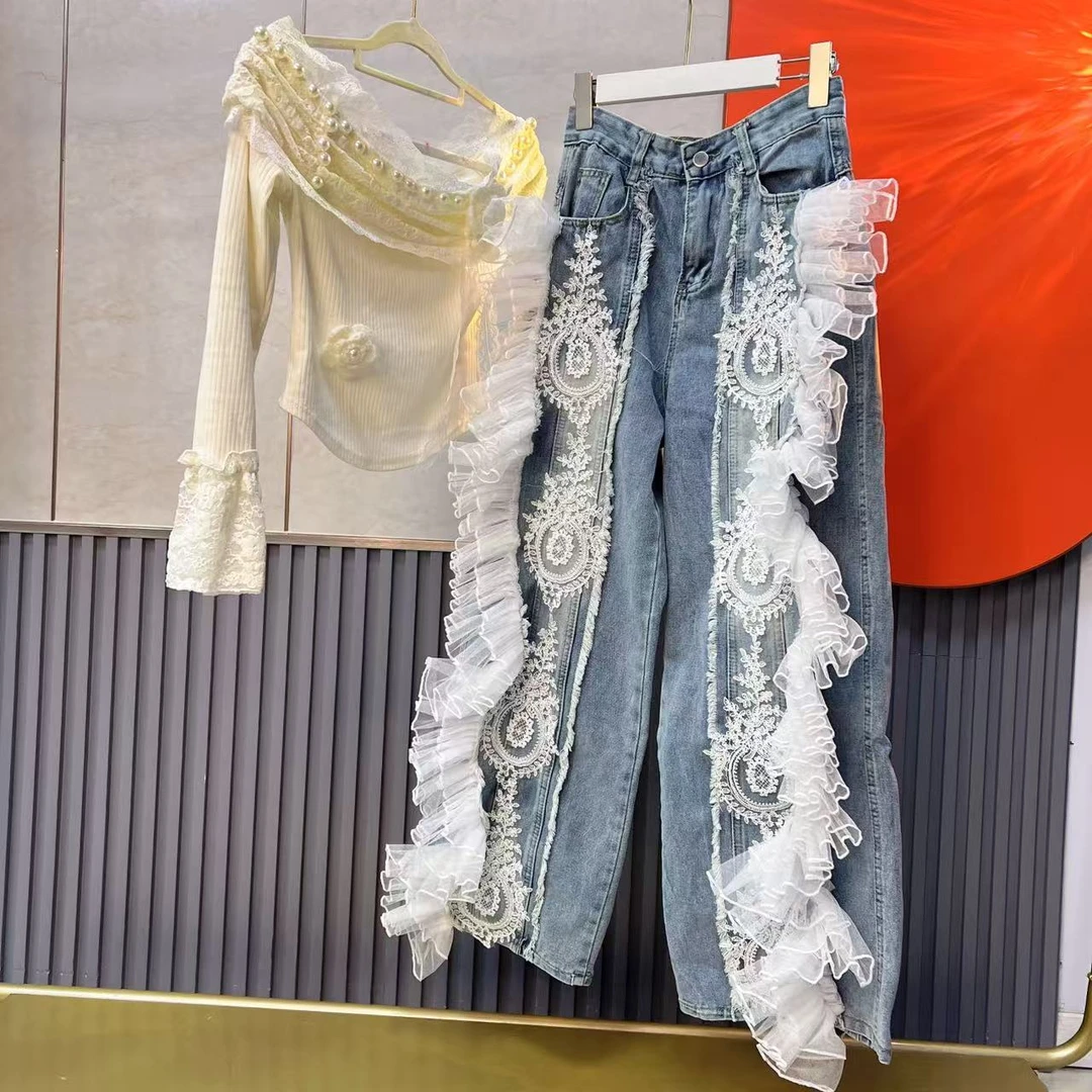 2020【熙妮潮牌】白色修身弹力衫蕾丝小众设计师款阔腿裤牛仔裤子春