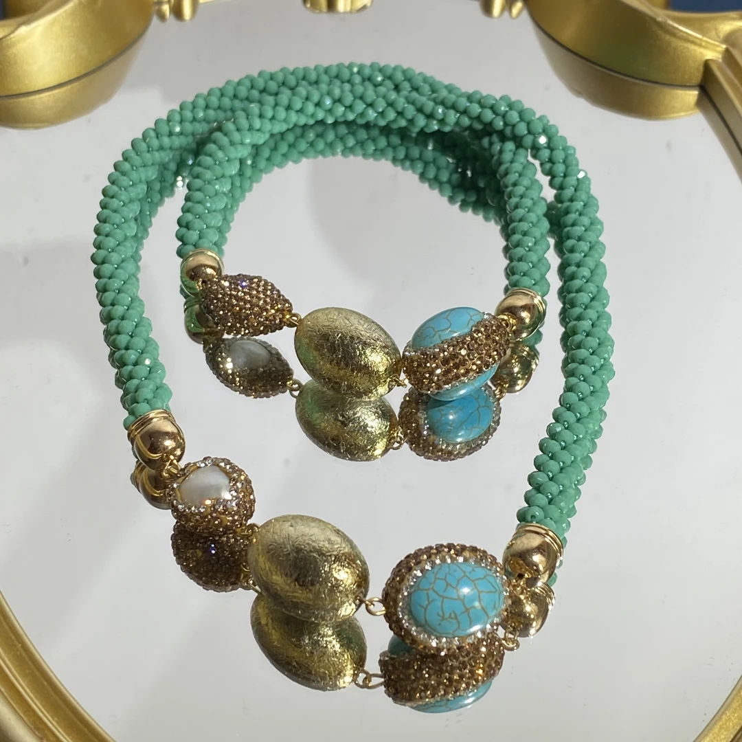 铜合金合成锆石项链 TTSD 绿色编织设计百搭奢华项链 626