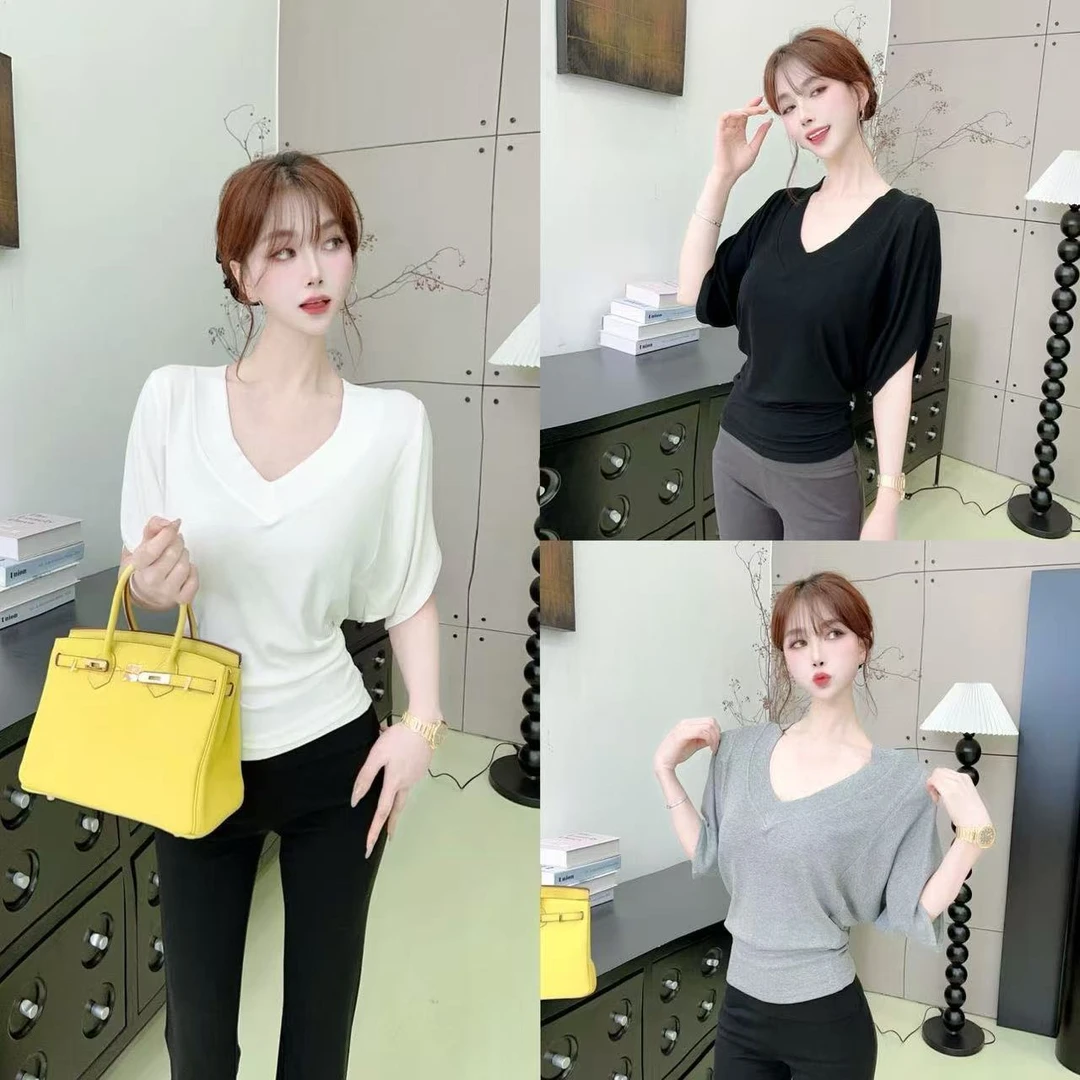 《具象松弛》螺纹宽V领短袖女蝙蝠袖罩衫针织打底衫#8565