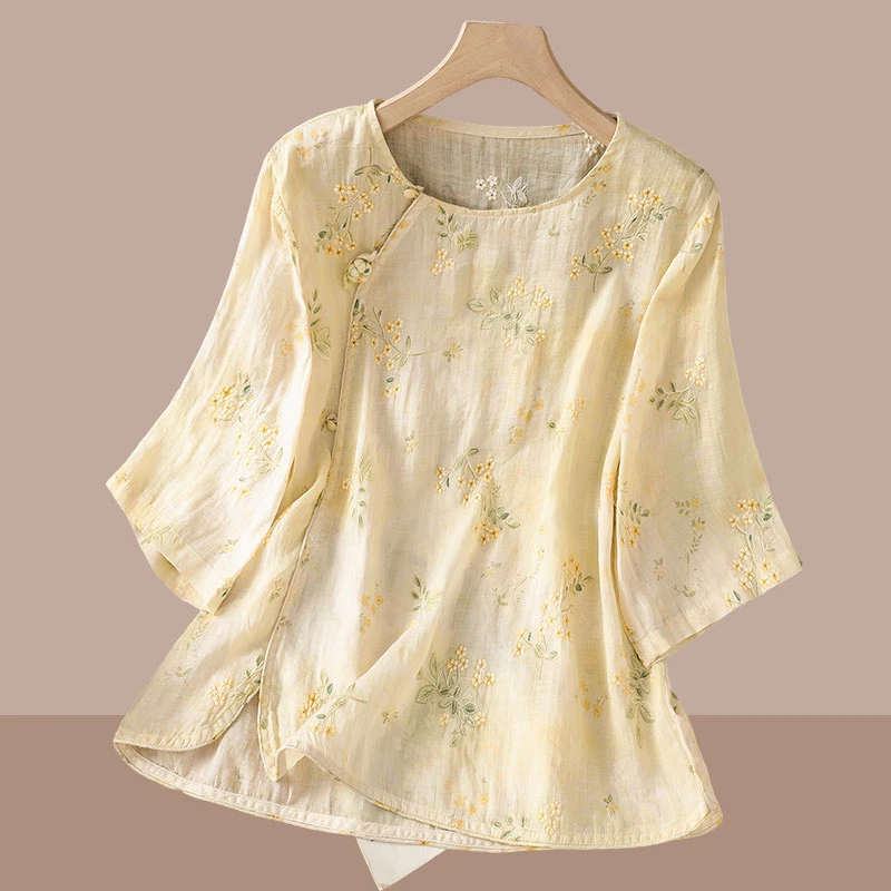 复古亚麻短袖衬衫夏季2025年时尚新款上衣百搭新中式斜襟衬衣女