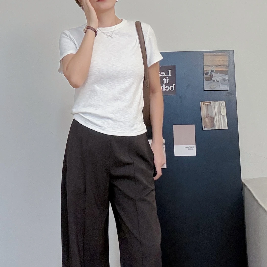 大妍小个子秋装韩系简约百搭刺绣短袖T恤厚款8881