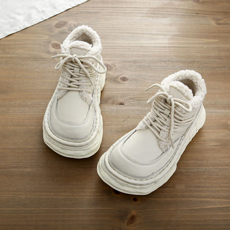 719-30森女系文艺牛皮大头靴冬季加绒短靴原创手工厚底棉鞋马丁靴