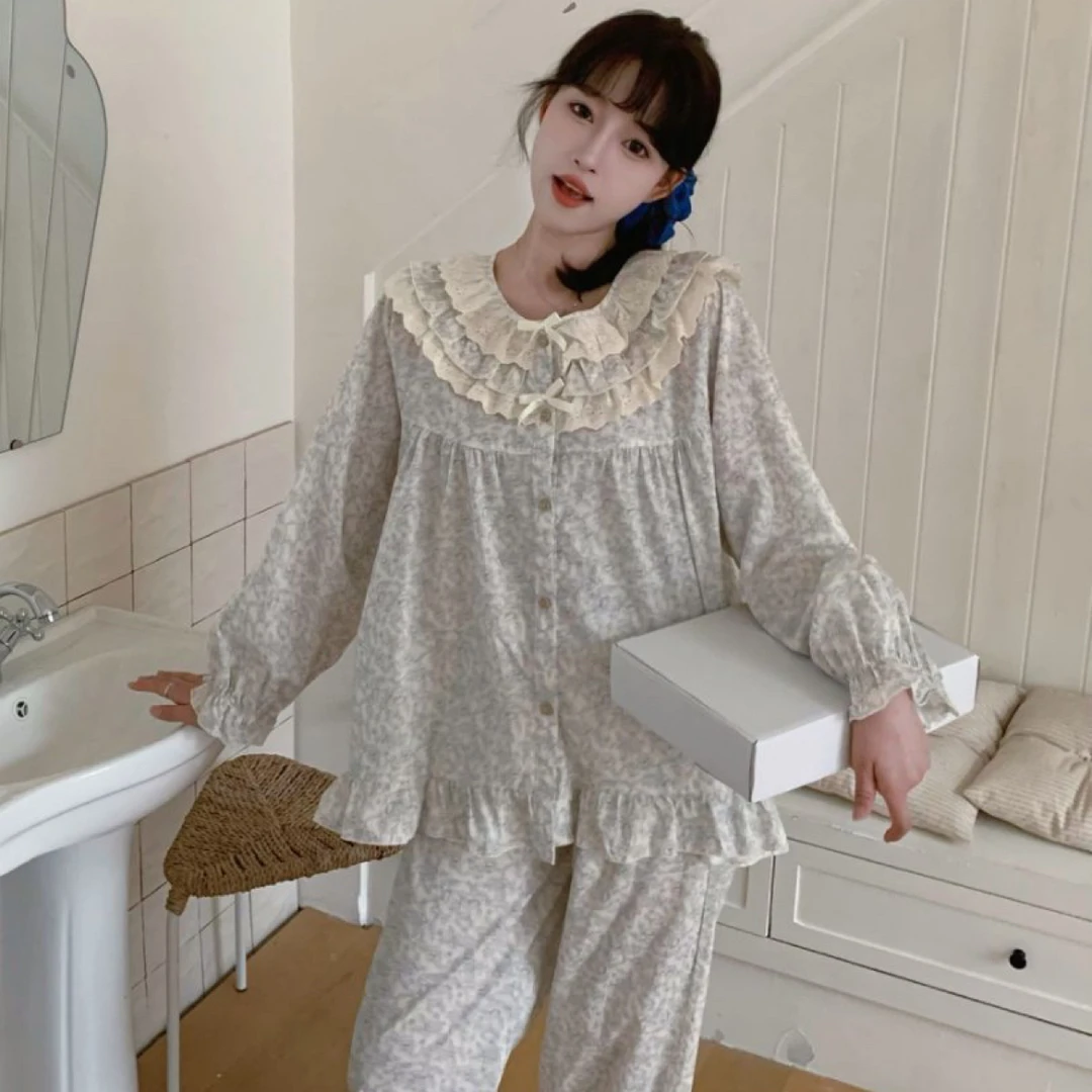 S108春秋款纯棉长袖长裤小韩风女士睡衣清新舒适家居服娃娃领