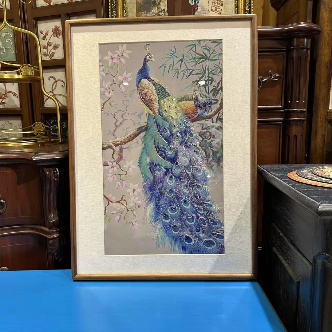 新中式玄关高端刺绣装饰画铜雕刻
