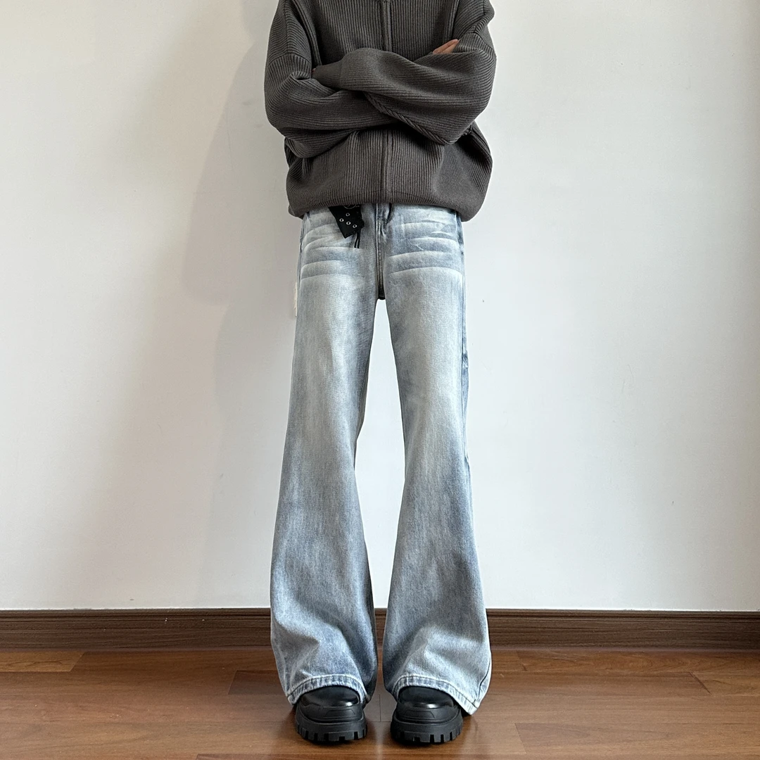 HZM美式clenfit做旧冰蓝微喇显瘦牛仔裤男女宽松直筒百搭长裤