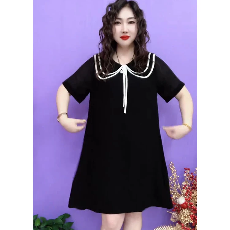 夏季新款娃娃领绑绳休闲短袖连衣裙法式赫本风遮肚子显瘦A字女裙