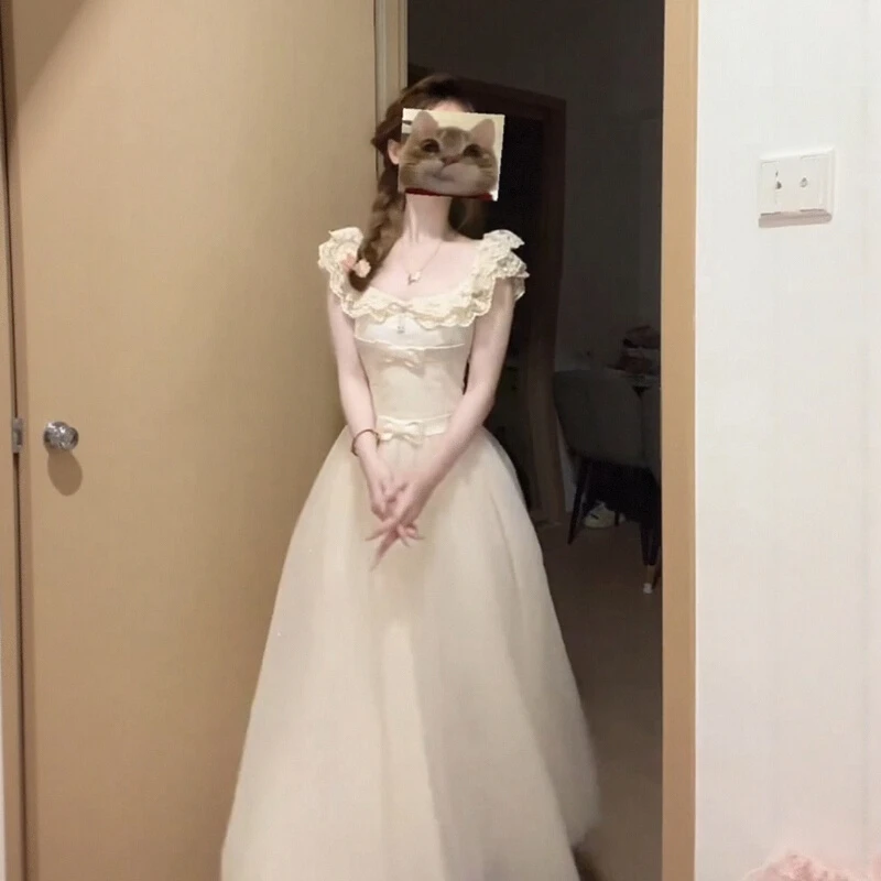 法式重工蝴蝶结飞飞袖收腰连衣裙女夏季千金芭蕾风修身显瘦长裙