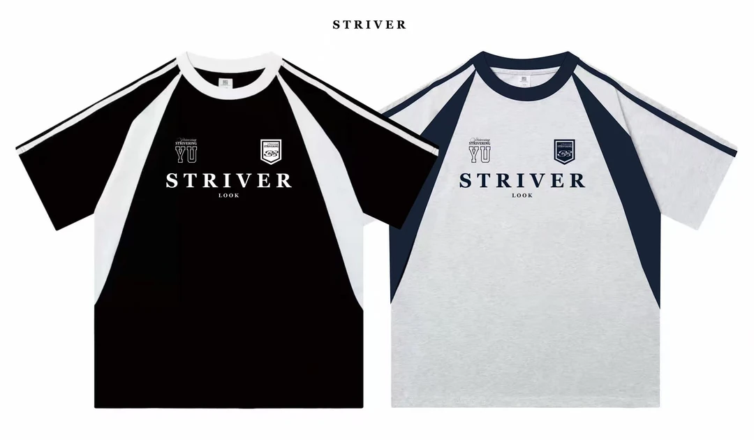 三条杠字母拼接短袖t恤男美式潮牌运动撞色纯棉圆领半袖-002