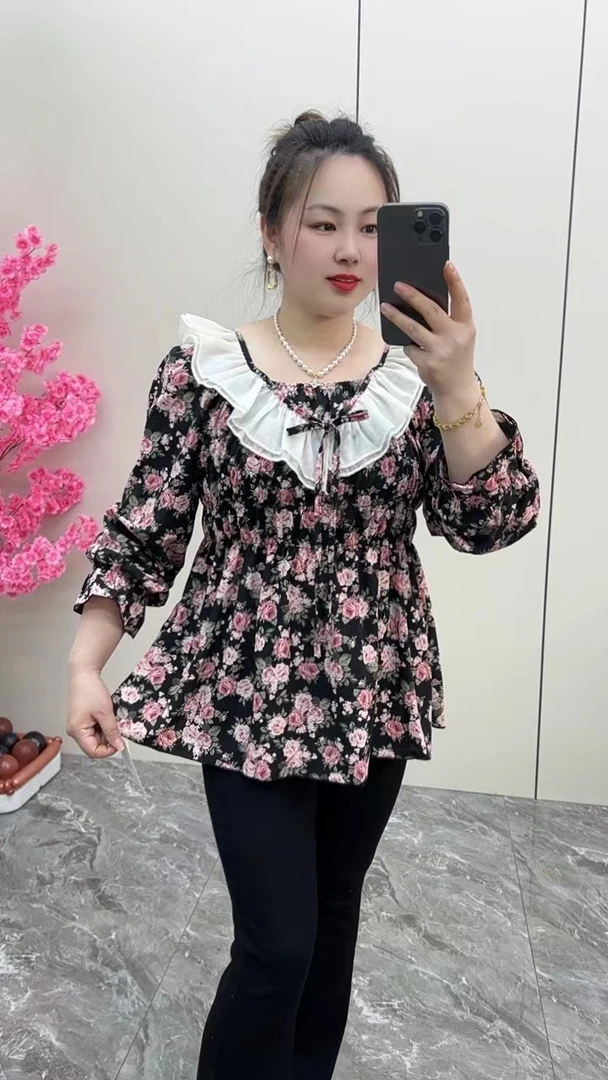 大码女装春季新款显瘦碎花时尚胖mm宽松洋气减龄法式衬衫上衣女