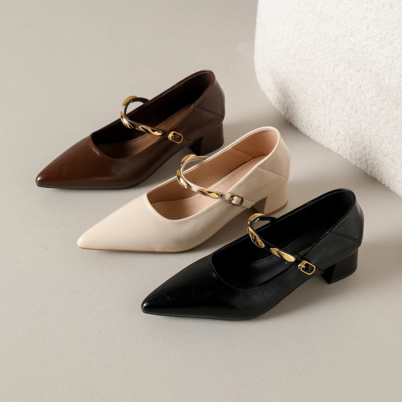 【两种跟高】4公分+6公分/粗跟尖头气质小金豆软底跟鞋法式透气单鞋