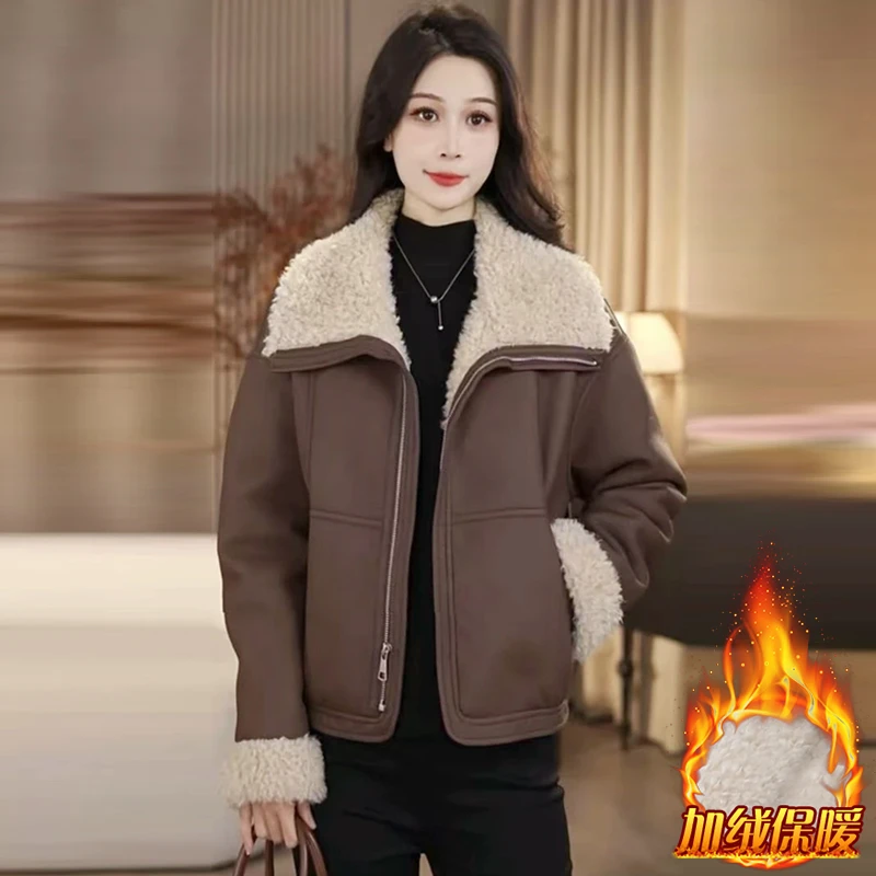 2024年冬季新款时髦百搭翻领加厚短外套皮毛一体宽松显瘦保暖上衣